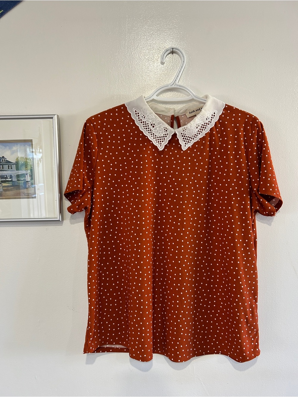 Faith and Joy Polka Dot Blouse with White Lace Collar